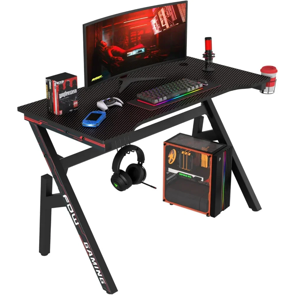 

47 Inch Home Office Desk Extra Large Modern Ergonomic PC Carbon Fiber Table Gamer Workstation with Cup Holder Headphone Hook