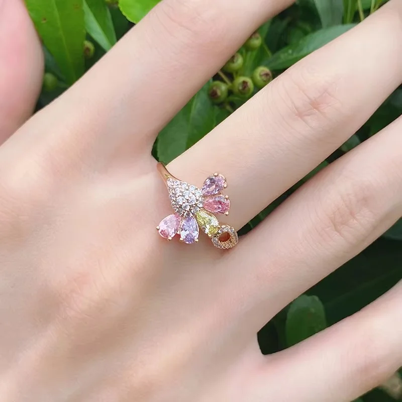 Kinel Heißer 585 Rose Gold Farbe Blume Ohrringe Ringe Für Frauen Mode Bunte Natürliche Zirkon Zubehör Täglichen Schmuck Sets