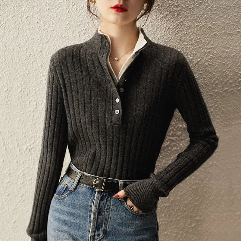 Female Clothing Half High Collar Sweaters Casual Fake Two Pieces Autumn Winter Stylish Button Screw Thread Basic Knitted Jumpers