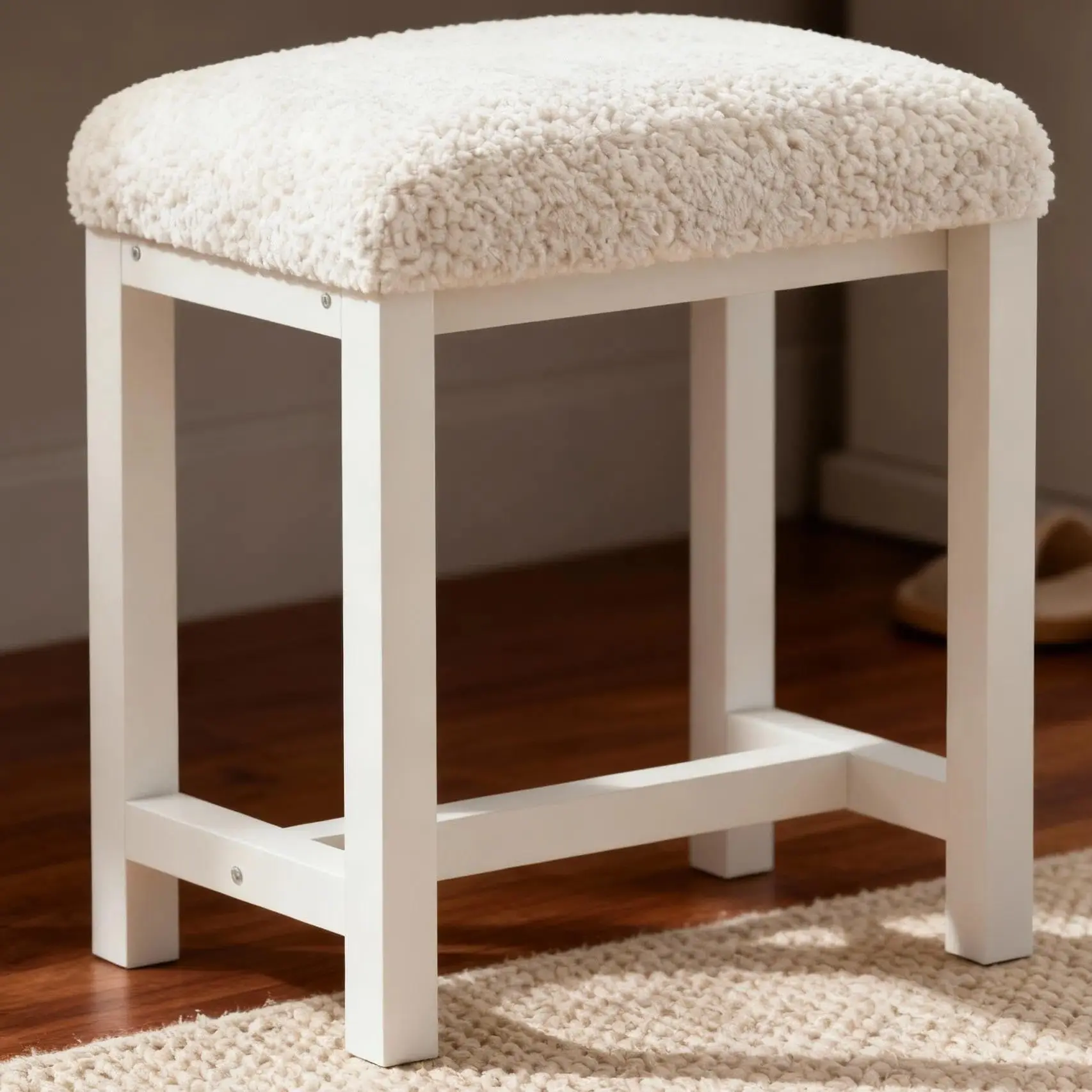 

White Square Stool With Plush Faux Fur Seat, Compact Vanity Chair For Bedroom, Living Room Or Bathroom, Modern Minimalist Design