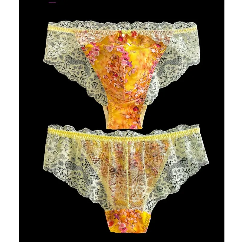 Men Sexy Mulberry Silk Lace See Through Briefs Low Waist Soft Silky Comfy Bulge Cross-dressing Panties Sissy Bow Sexy Lingerie