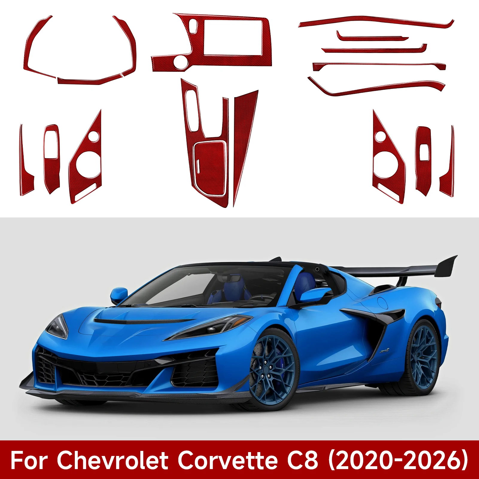 Car Center Console Gear Shift Panel. Red Carbon Fiber Interior Sticker. For Chevrolet Corvette C8 (2020-2027) Accessories.
