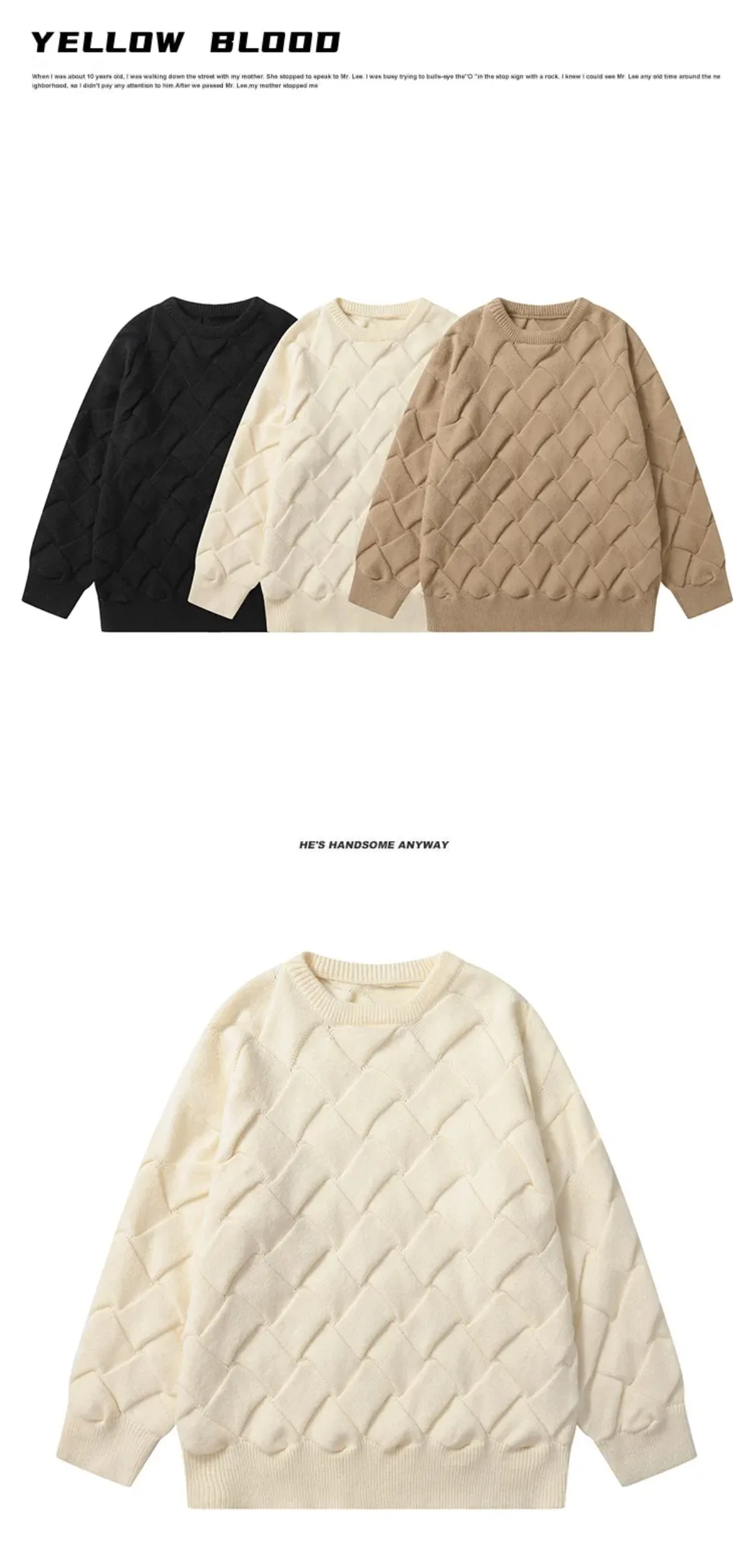 Ancient Winter New Style Trendy Solid Color Twisted Flower Round Neck Knitted Sweater for Male Students Warm Thread Clothes