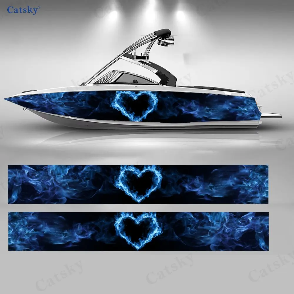 

2Pcs Blue Fire Heart Boat Stickers, PVC Waterproof Durable Vinyl Wrap Decals for Fishing Boats, Durable and Stylish Design