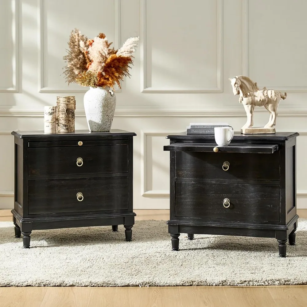 

mid-century style solid wood nightstand with dual drawers, charging dock, and concealed slide-out shelf