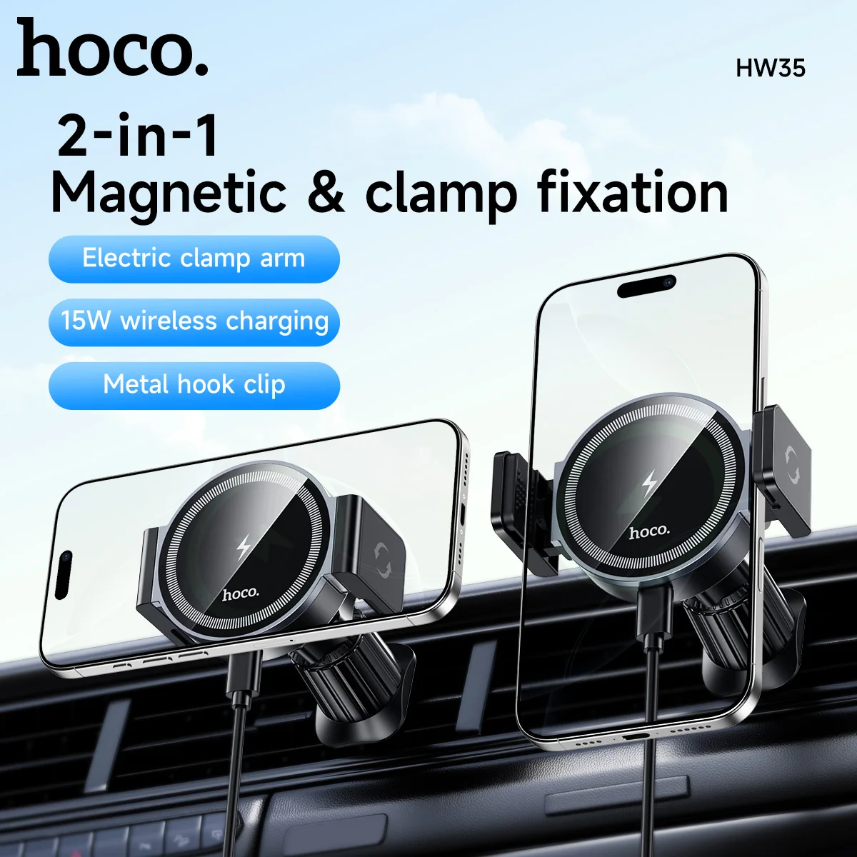 

HOCO HW35 Magnetic Wireless Fast Charging Car Holder In Car Air Outlet Mobile Phone 15W Fast Chargers For Iphone Android Phone