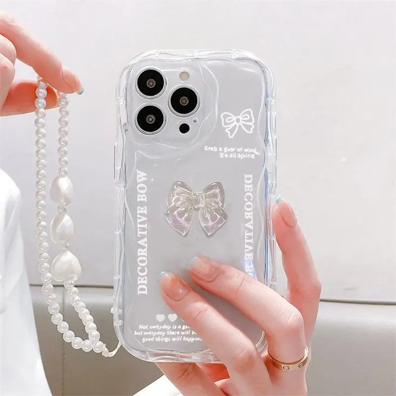 Korean 3D Bow Pearl Chain Case for Samsung Galaxy S24 S23 Ultra S21 Plus S20 FE A54 A34 A52 A53 A33 A35 A55 A14 M54 A23 A24 A32