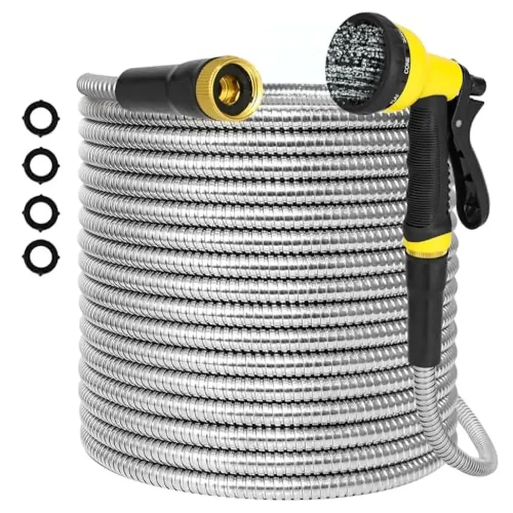 

Металлический садовый шланг из нержавеющей стали 100 футов, гибкие легкие сверхмощные водяные шланги без ударов, многофункциональная 7-функциональная насадка