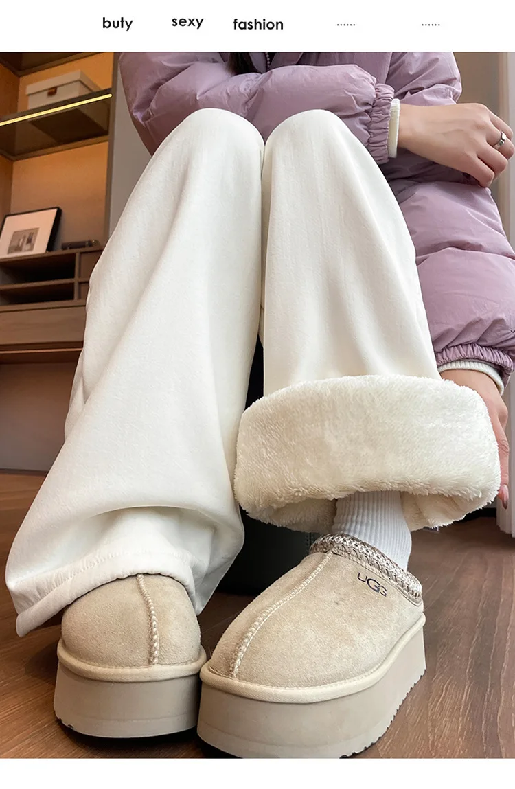 2025 inverno feminino engrossado casual solto calças à prova de vento cintura alta drapeado tubo reto forrado de lã