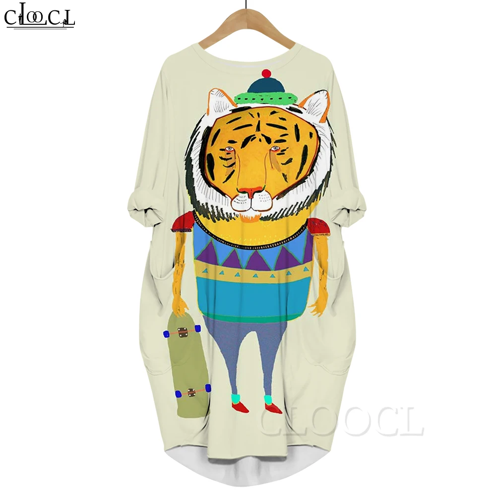 CLOOCL Abito stampato alla moda Divertente cartone animato Tigre Modello floreale Maniche lunghe Abito tascabile Abbigliamento femminile oversize Autunno 2022