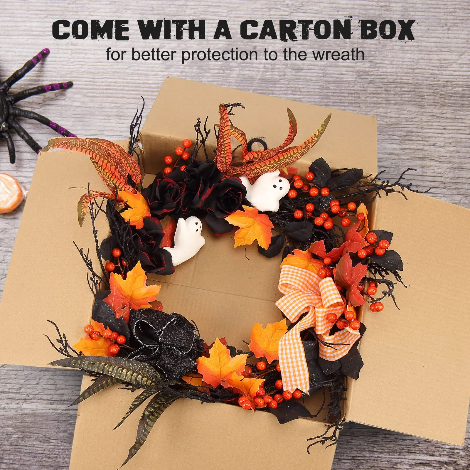 26 Inch Halloween Ghost Wreath For Front Door With Black Roses, Maple Leaves, Orange Bow, Spooky Indoor Outdoor Porch Wall Decor - view 6