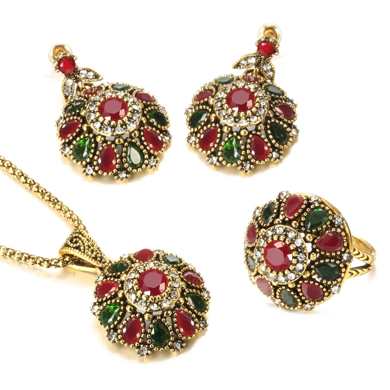 Kinel Hot Ethnic Bride Crystal Flower Earring Ring Jewelry Sets Fashion Antique Gold Necklace For Women Boho Jewelry Wholesale