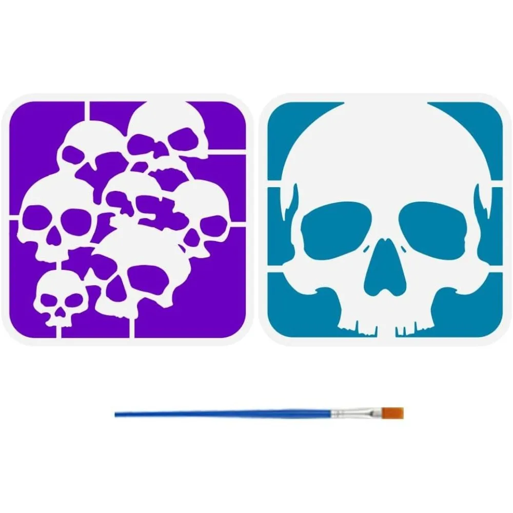 2 Pcs Pattern Stencils with Brush 5.9x5.9inches Plastic PET Painting Stencil Skulls Horror Painting Template Multiple Painting