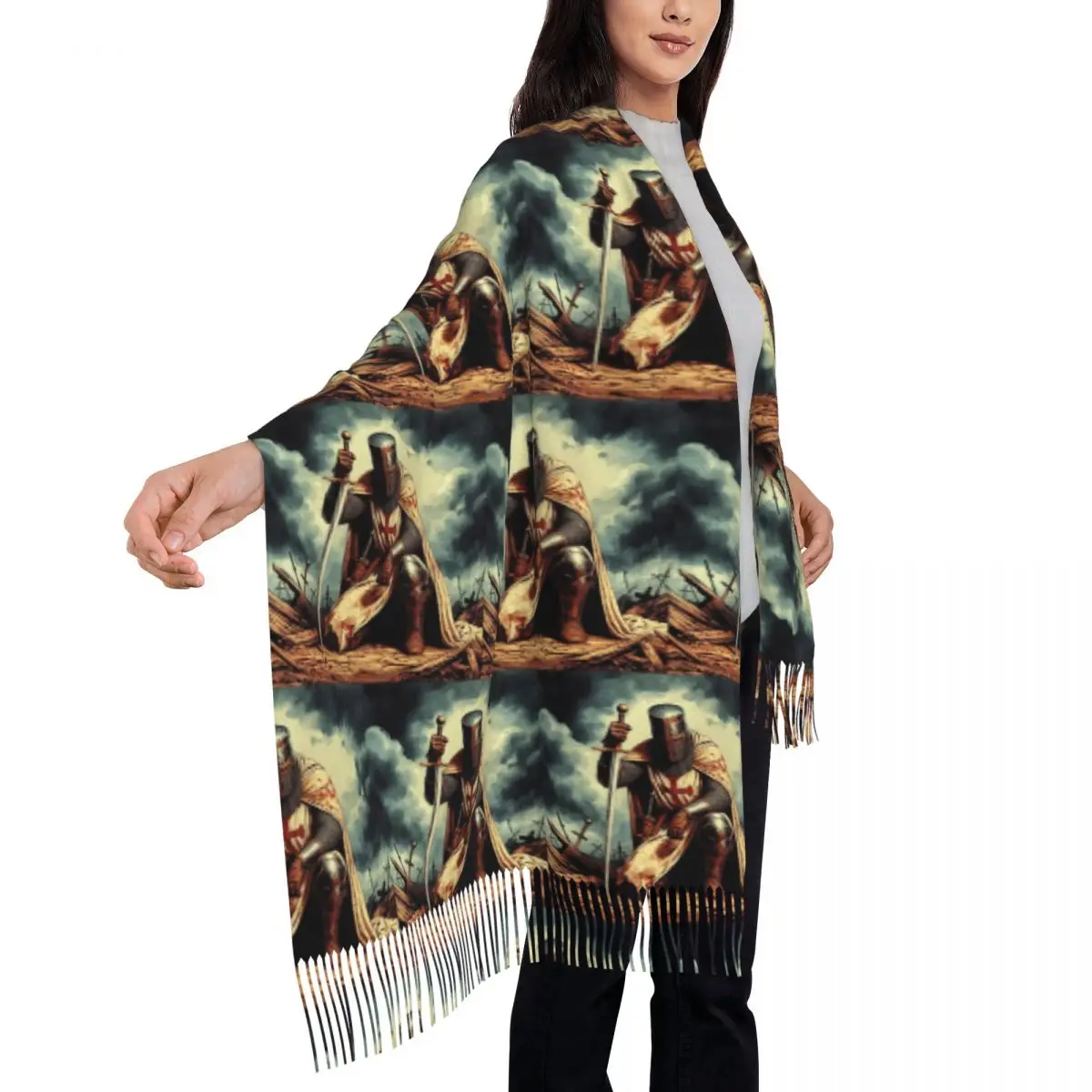 Escudo templario Cruz Guerrero Medieval espada caballeros bufanda borla bufandas para mujeres chales y chales grande Otoño Invierno chal