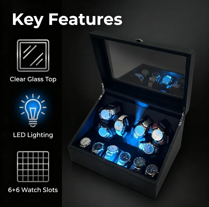 6+6 Watch Winder & Storage Box with LED Ambient Light PU Leather Transparent Glass Top Watch Display Case for Automatic Watches