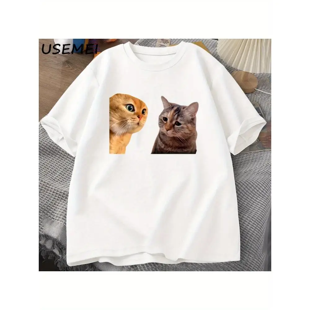Two Cats Conversation Meme T Shirt Unisex Black White 100 Cotton Short Sleeve Crew Neck Breathable Machine Washable Casual Cat