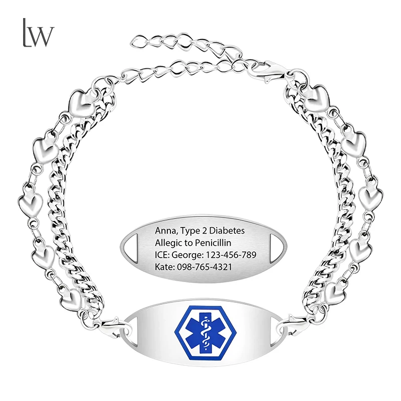 

Изготовленные на заказ медицинские браслеты с оповещением для женщин, персонализированный медицинский браслет, индивидуальная гравировка из нержавеющей стали, осведомленность неотложной помощи