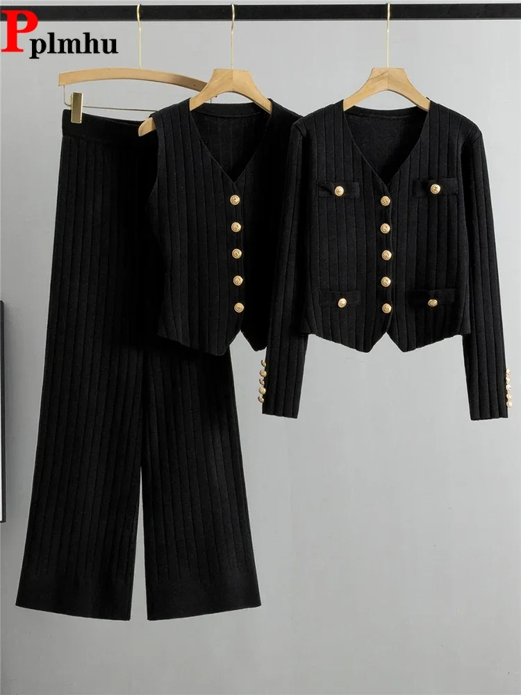 

Women V-neck Cardigan And Vests Tops Conjunto Korean High Waist Knitwear Wide Leg Pants Outfit Vintage Slim Knitted 3 Piece Sets