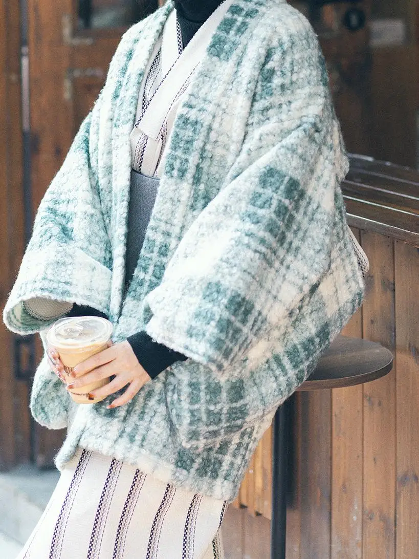 Thiened ラムファー着物 Sle アウター チェス柄 日本製 Sle レディース コート 毎日の通勤や秋冬の着用に