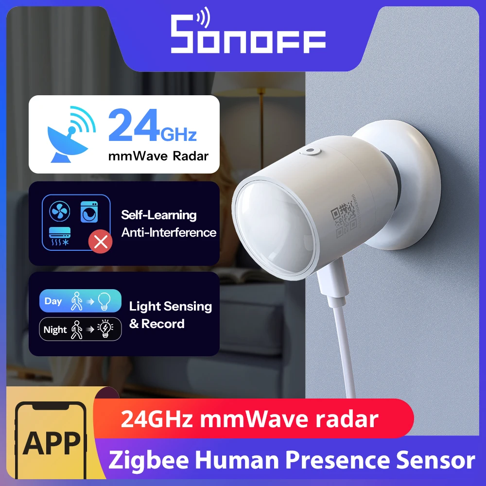 SONOFF SNZB-06P24 Sensor de Presencia Humana Zigbee Preciso, Radar de Onda Milimétrica de 24GHz con Sensor de Luz, Funciona con Apple Home a través de Matter Bridge