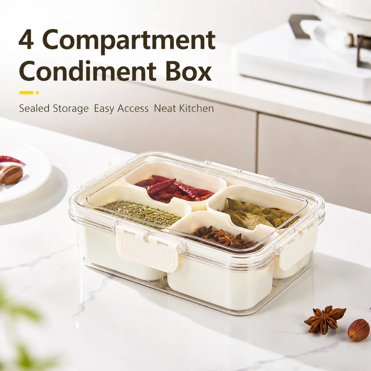 4-Compartment Spice Storage Box Sealed Seasoning Container Condiment Organizer with Removable Cups for Kitchen Drawer Fridge