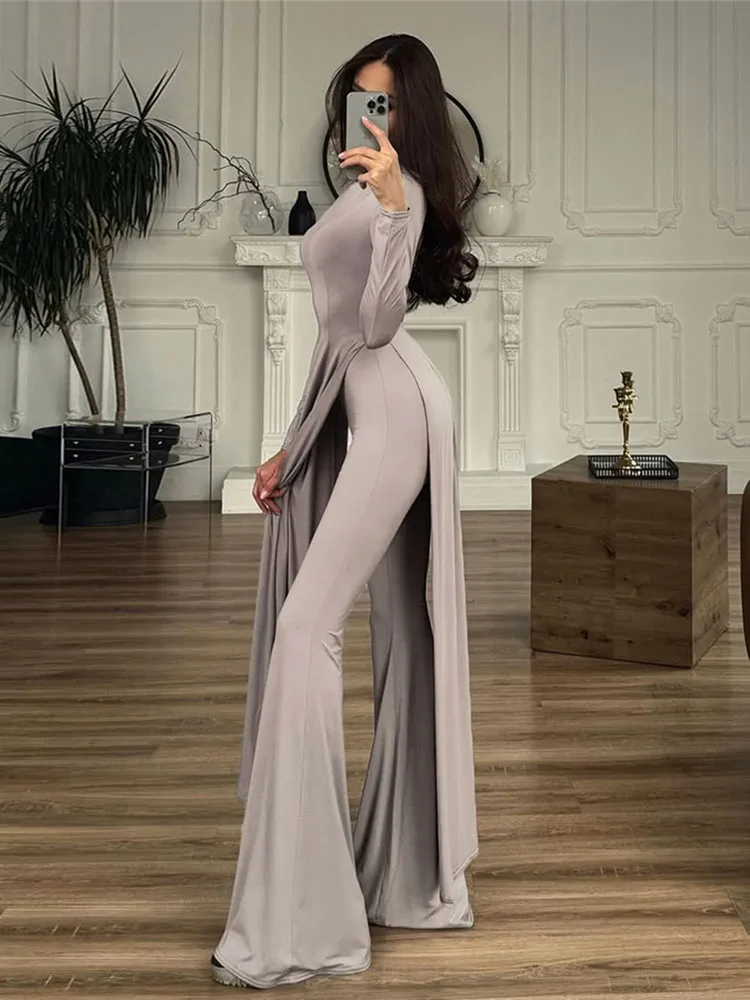 

Insglas Elegant 2 Piece Set Women o-Neck Skinny High Splits Maxi Dress+Solid Straight Pants Daily Fashion Simple Casual Suit