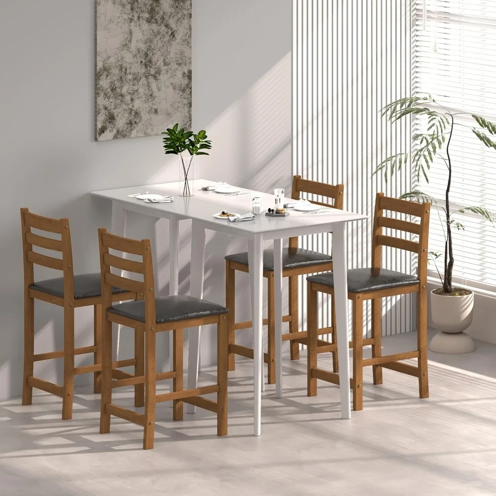 Solid Wood Counter Height Bar Table and 4 Chairs Set, Square High Table for Pub Use