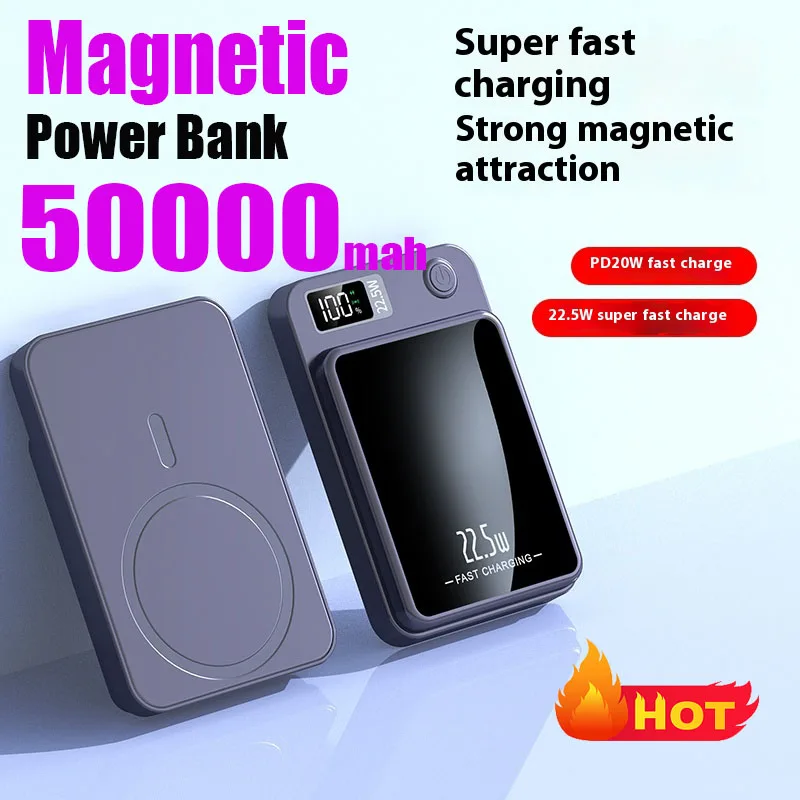 

50000mAh Magnetic Portable Power Bank 22.5W 15W Wireless Fast Charger Rechargeabl Battery External for Xiaomi iPhone Samsung New