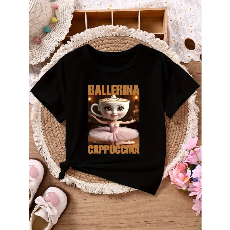 2026 جديد راقصة الباليه كابتشينا الأطفال عادية قصيرة الأكمام تي شيرت مع الحروف الذهبية الكرتون راقصة الباليه كابتشينو طباعة #5