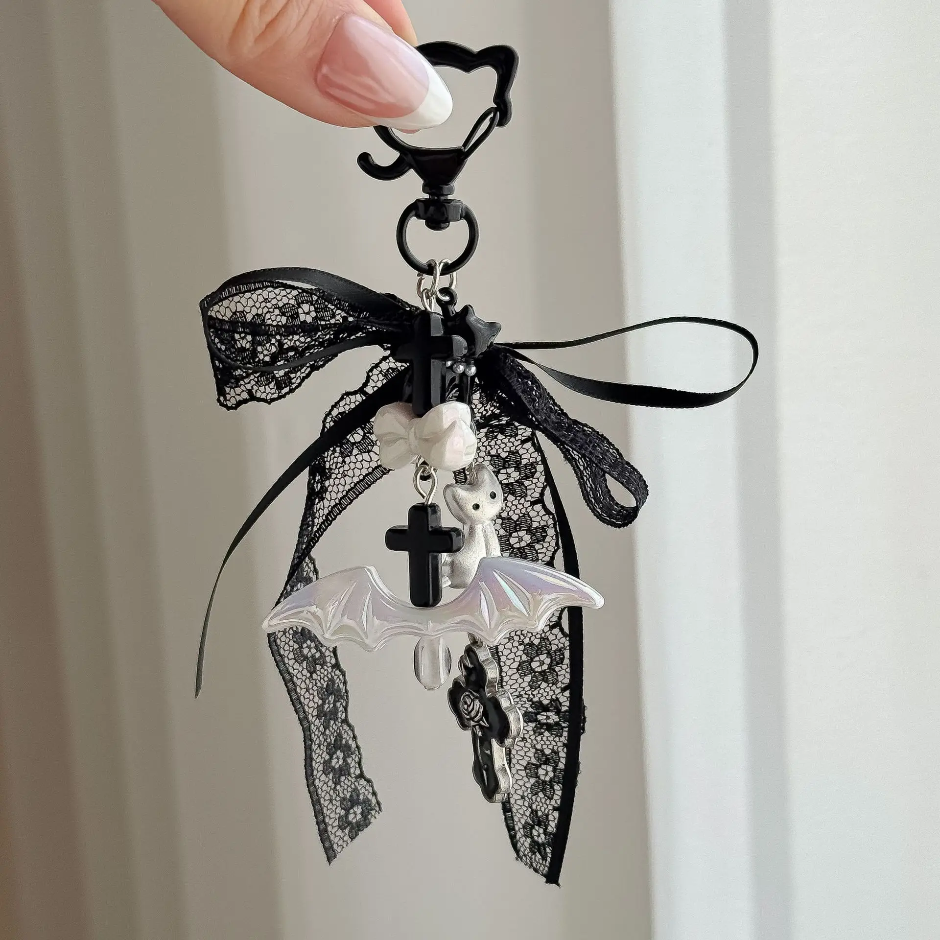 Korean Lace Bow Keychain Cartoon White Kitten Jewelry Pendant Personalized Bag Hanging Bag Parts & Accessories