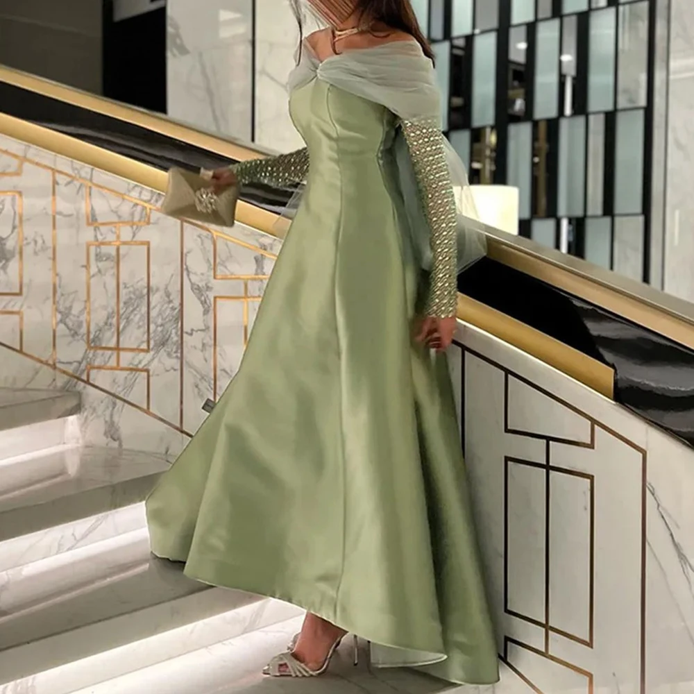 

Luxury Crystal Ribbons Evening Dress Exquisite Long Sleeves Off the Shoulder V-Neck Floor Length Homecoming Gowns