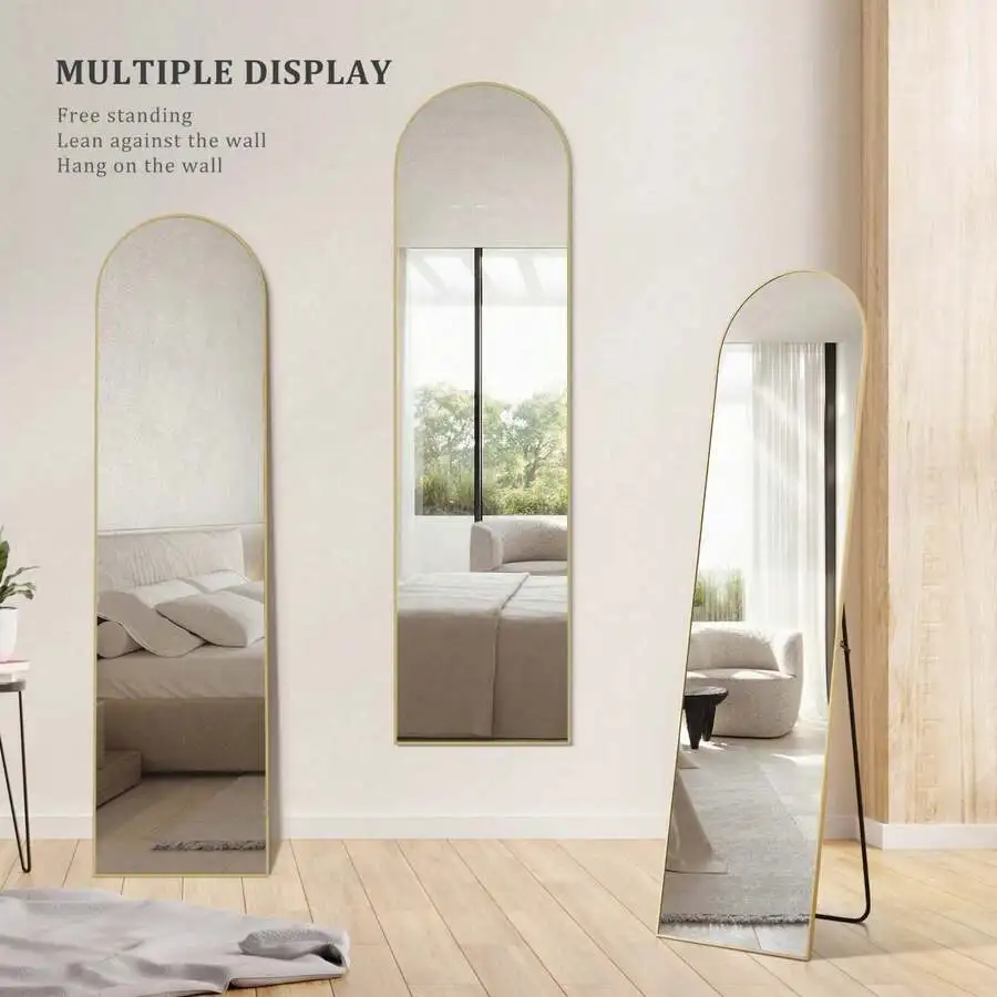 59'X16' High-Quality Arched Full Length Mirror, Alloy Frame Ensures Stability, Standing Design For Bedroom, Gold