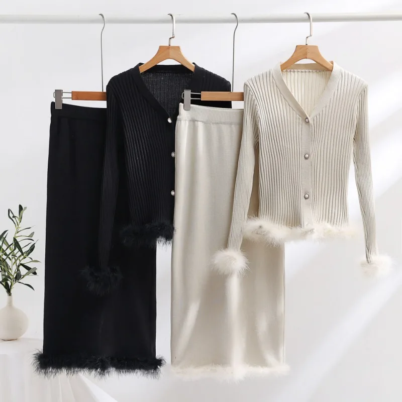 Spring New Ostrich Fur Knitted Skirt Suit Women Two-piece Fashion Banquet Cardigan with Skirts Lady Elegant Slim 2-piece Set