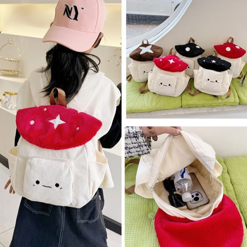 Women's Kawaii Plush Mushroom Backpack Cute Tote Bag with Adjustable Straps Zipper Closure Corduroy Red/White Student Backpacks