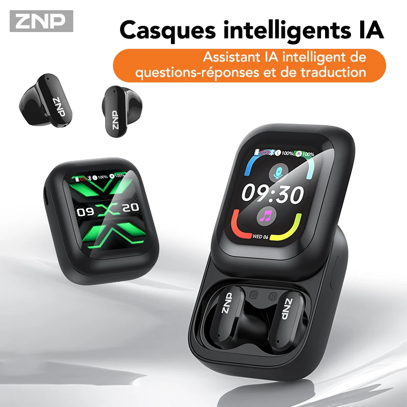 Écouteurs sans fil ZNP N04 TWS avec écran tactile, casque Bluetooth avec traduction IA, confort d'utilisation, réduction du bruit