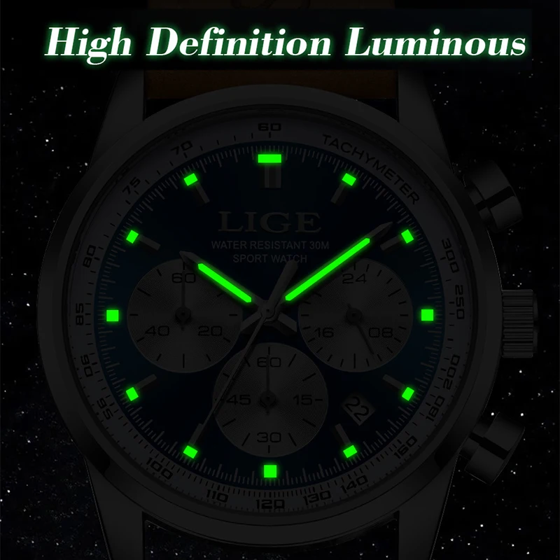 LIGE extérieur luxe montres à Quartz pour hommes haut de gamme bracelet en cuir mode sport décontracté étanche lumineux Auto Date homme montre