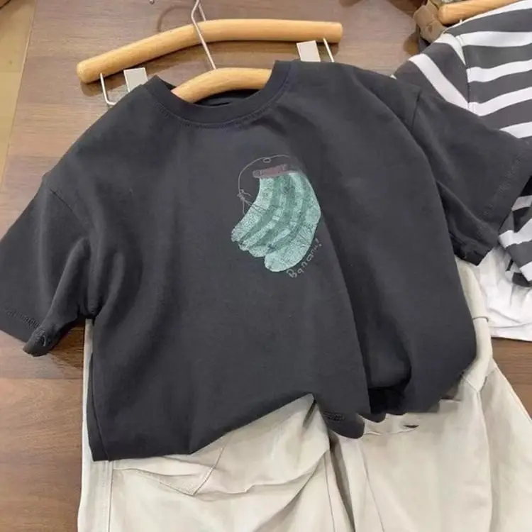 

2025 Men's Clothing Korean Version Casual Retro Pure Cotton Short Sleeved T-shirt for Children's Summer Cool Trend