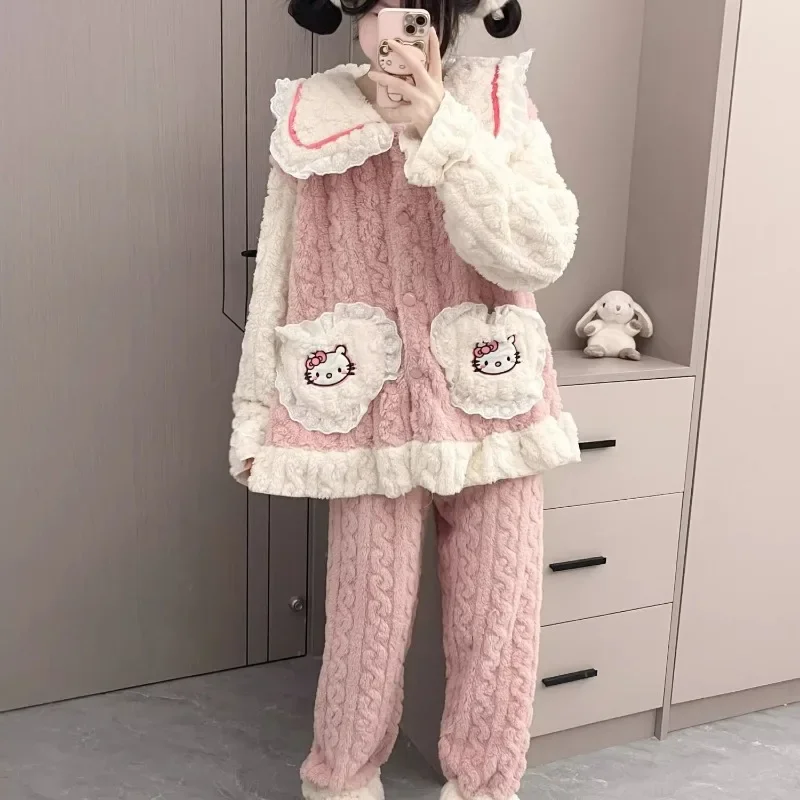 

Cute Hello Kitty Plush Ladies Pajamas Anime Long Sleeve Cardigan Set Autumn Winter Warm Hooded Nightgown Loose Casual Loungewear