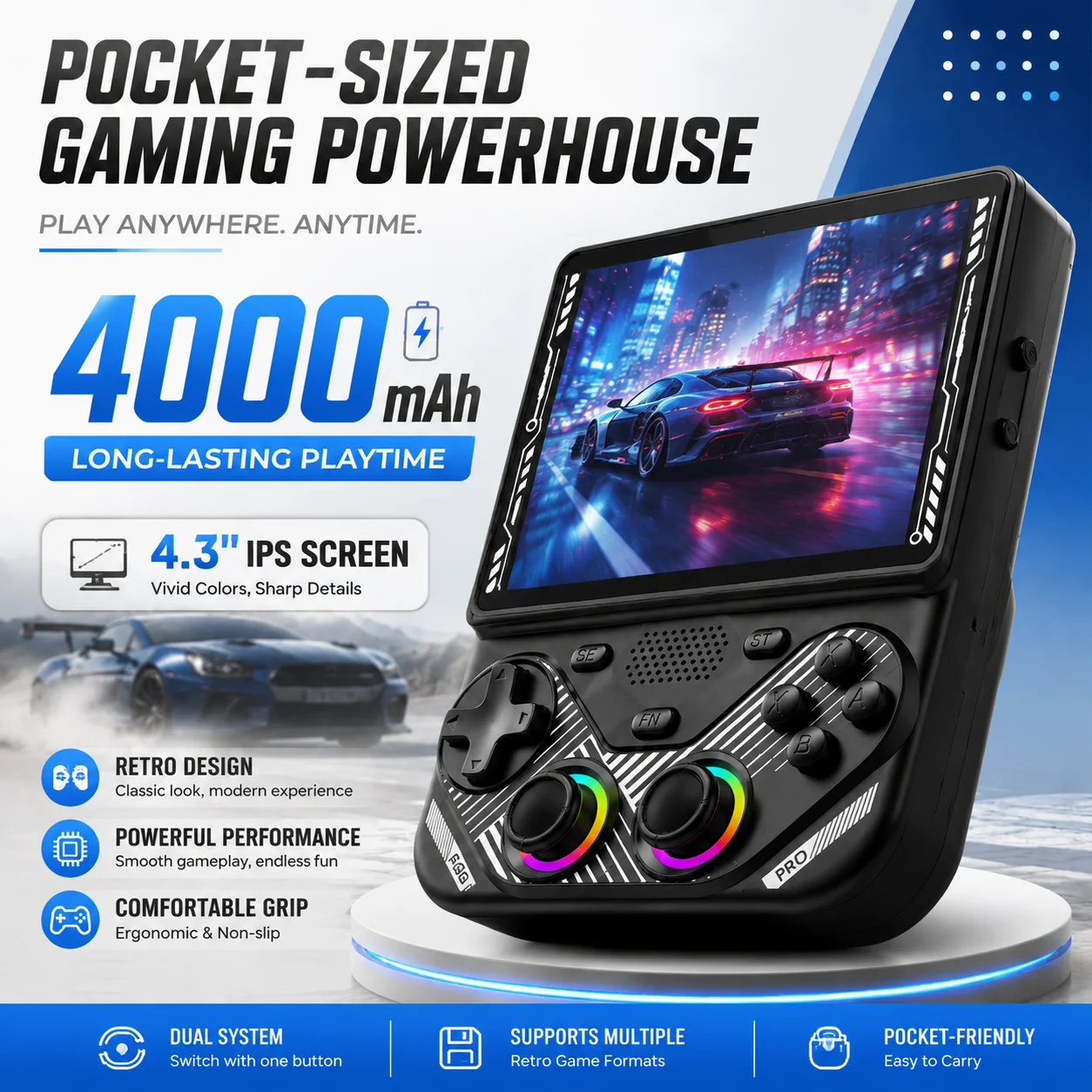 AISLPC Retro-Handheld-Spielkonsole 4,3" IPS-Display 2,4GHz WiFi Dual-System, Tragbarer Taschen-Videospiel-Player 22000+ Retro-Spiele