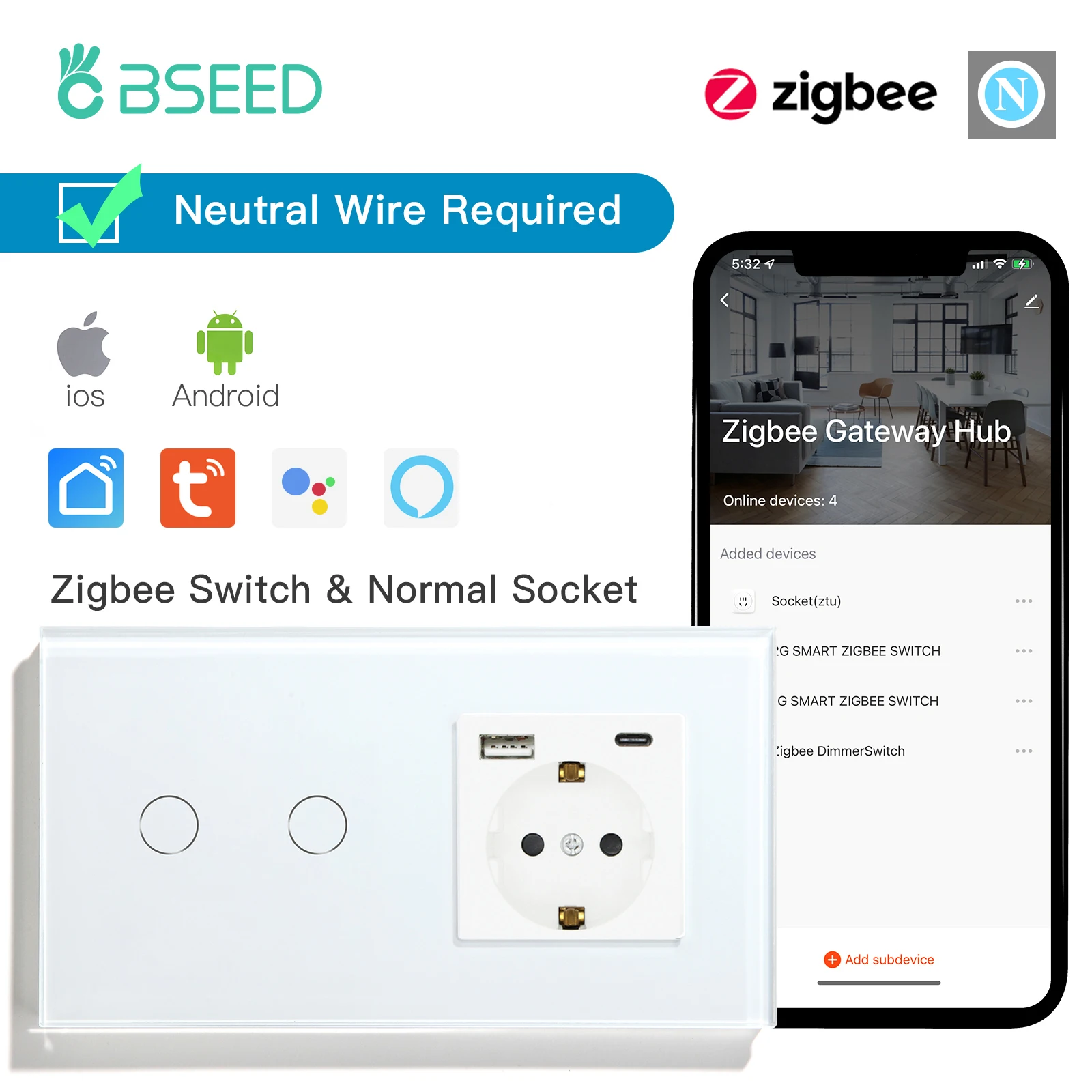 BSEED Zigbee 1/2/3Gang Touch Smart Switches Tuya Smart Life App Control Plus Typ-c USB Steckdosen EU Standard Glas Panel 10