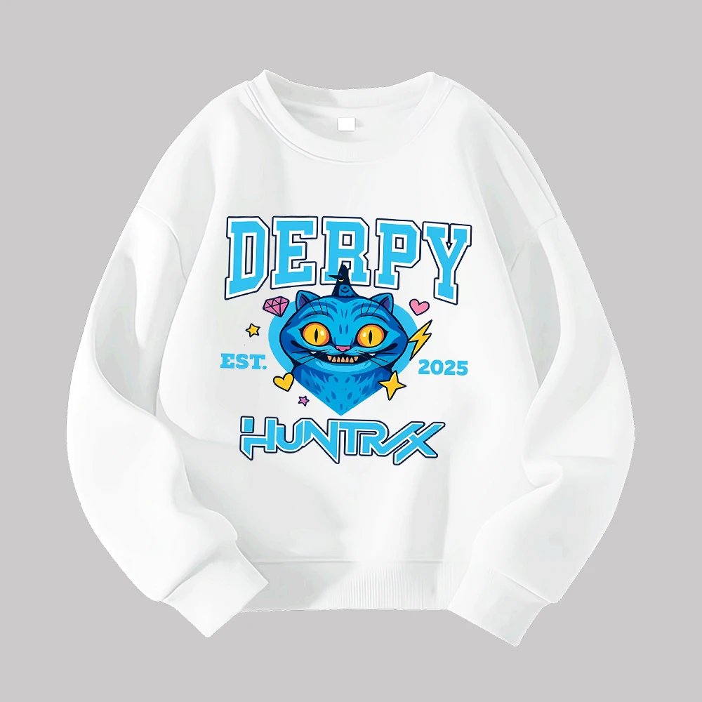 Derpy Huntrex Cat البلوز للنساء الرجال لطيف الكرتون الجرافيك كنزة قطيفة 2025 العصرية الشارع الشهير موضة عادية للجنسين
