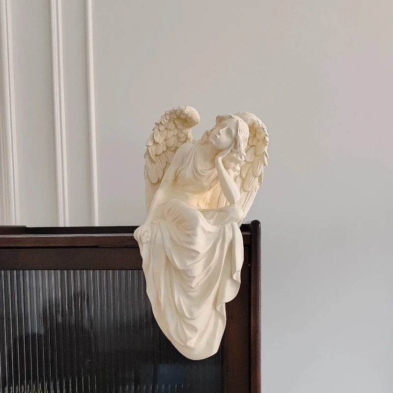 Old World Sitting Angel Girl Sculpture, Resin Home Desk Ornament, Antique Weathered Finish, 3D Living Room Entryway Decoration