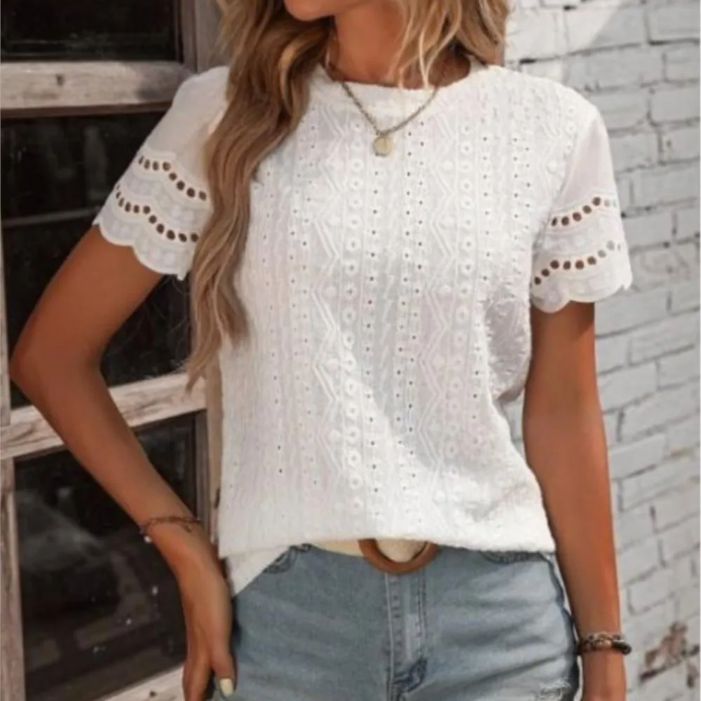 Women's T-shirt COTTON Tops 2024 Summer Street Hollowed Out Simple Solid Color V Casual Shirt Y2k T Shirt White Blusa Mujer Moda