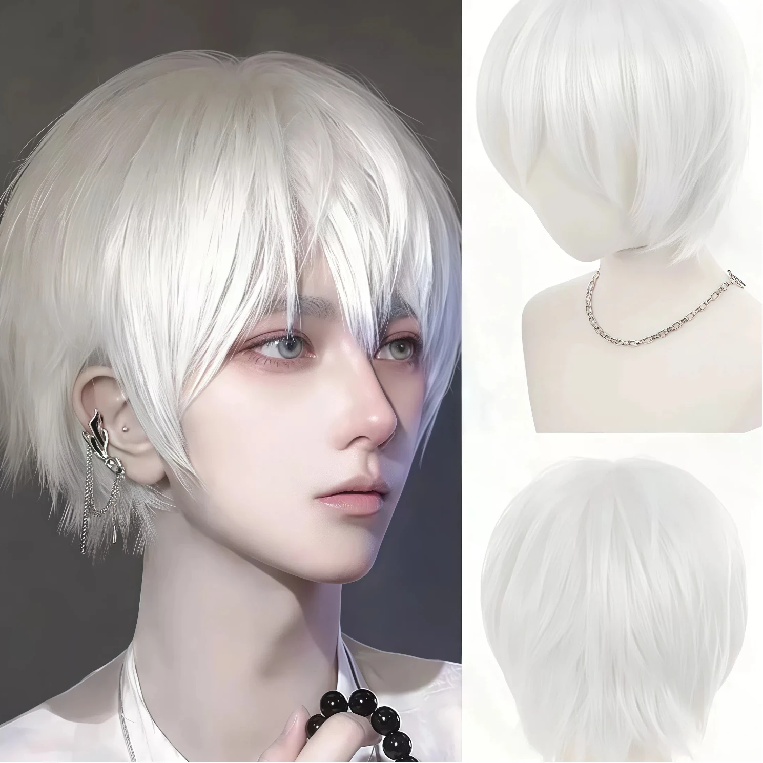 

Fashion Men's Short Hair Wigs white Synthetic Fiber Wigs with Bangs suitable for daily wear, birthdays,heat-resistant fiber