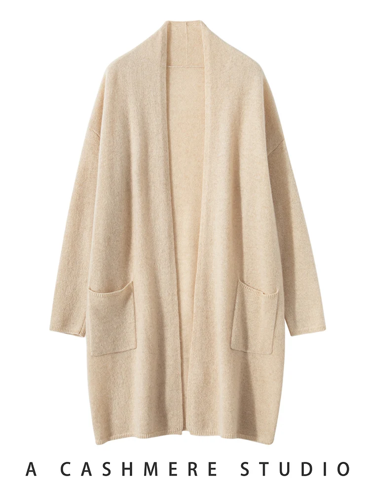 

Loose Women's Cashmere Cardigan Sweater Office Lady Autumn Winter Simple Medium Length Coat 100% Cashmere Knitwear Thin Clothing