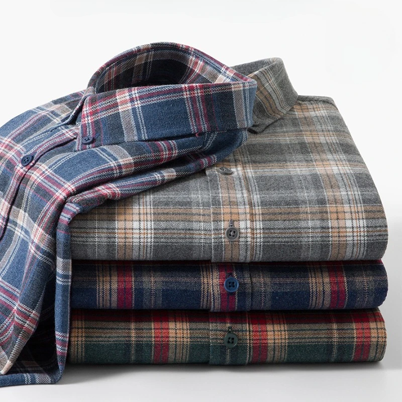 Hight quality 100%cotton brushed long sleeve shirts for men slim fit casual plain shirt soft plaid designer vintage clothes