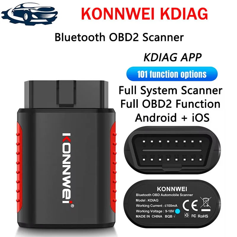 KONNWEI KDIAG Mini OBD2 Bluetooth Smart Diagnostic Scanner Tool Full System Special Function Reset Clear Error Data ECU Coding