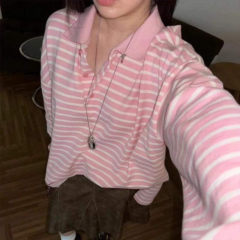 

Chic Pink Striped Collar Long-sleeved Shirt Women's New Autumn Bottoming Shirt