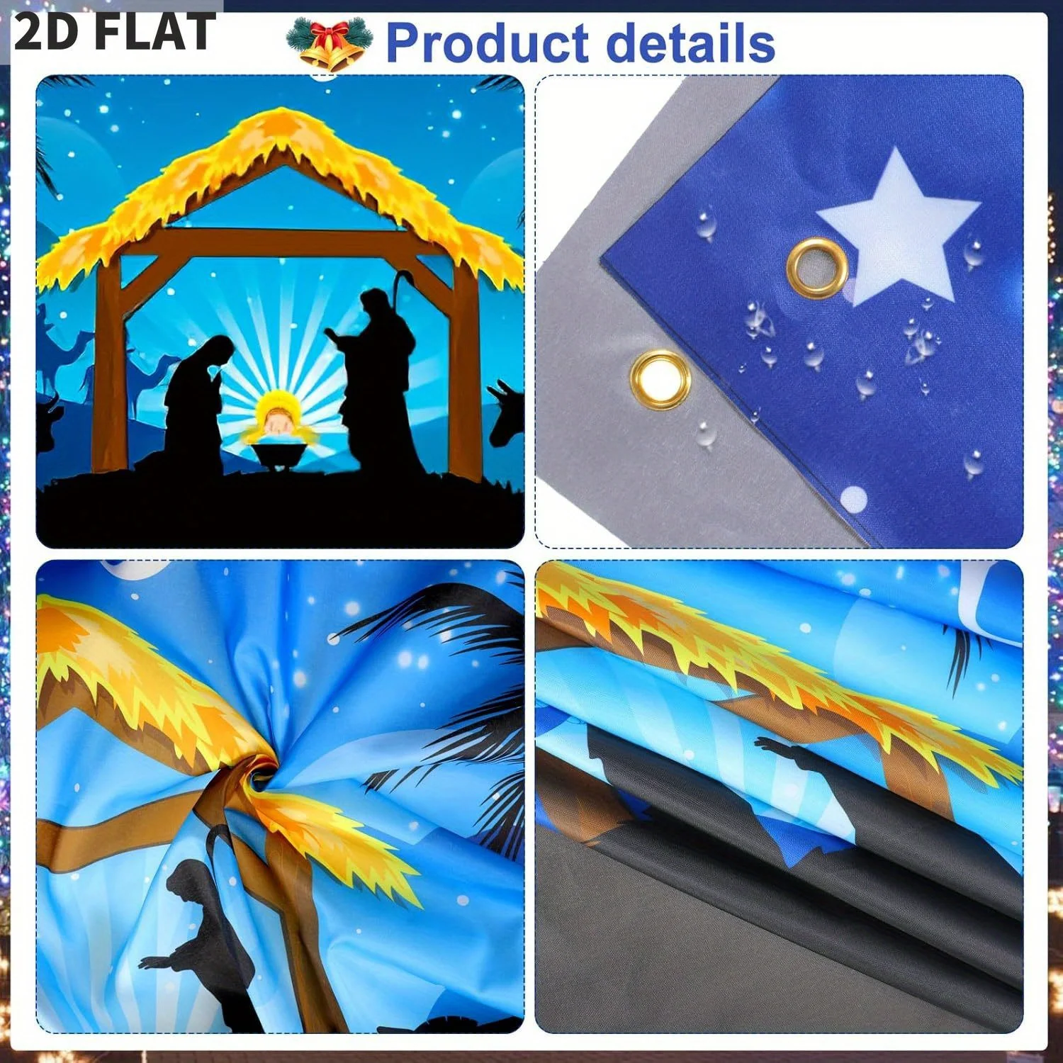 غطاء باب الليل المقدس لعيد الميلاد - لافتة مشهد المهد باللون الأزرق الداكن لمستلزمات حفلات عيد الميلاد مادة البوليستر مع طباعة واضحة
