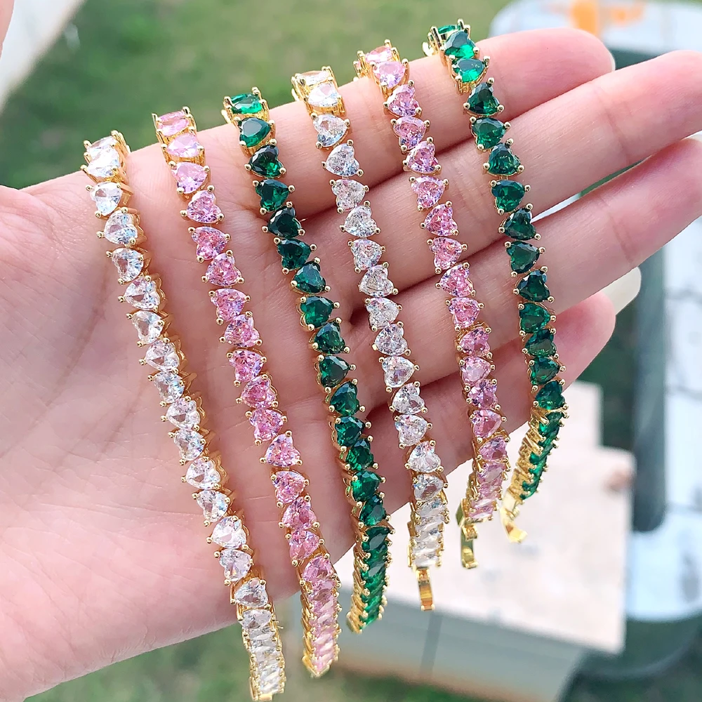 2025 High Quality Fashion Rainbow Women Jewelry Colorful Green Pink White Heart Shaped Cubic Zirconia CZ Tennis Chain Bracelets